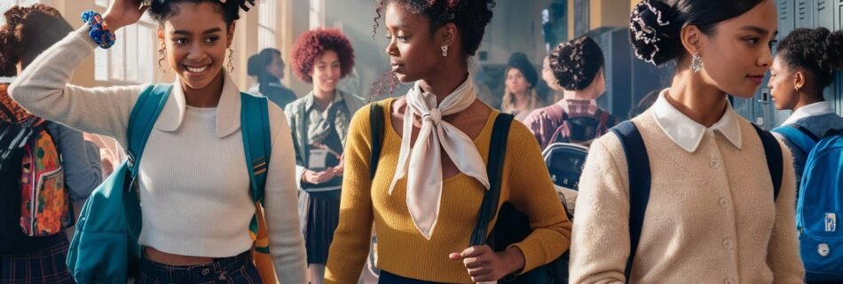 A young girl in a casual school setting, wearing a pastel hoodie and jeans, styled with two neat space buns on the crown of her head. The buns are formed by twisting her naturally curly hair and are secured with brightly colored scrunchies. The rest of her curls flow freely down her back, shiny and well-defined. She is holding a notebook and standing near a row of vibrant school lockers. The lighting highlights the natural volume and texture of her hair, creating a soft and playful vibe. Small, sparkling hair jewels accentuate the hairstyle, adding a whimsical touch.