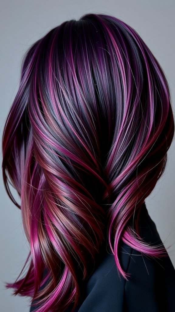 A stylish hairstyle with deep colors and vibrant pink highlights, showcasing the effects of Redken Color Extend Magnetics.