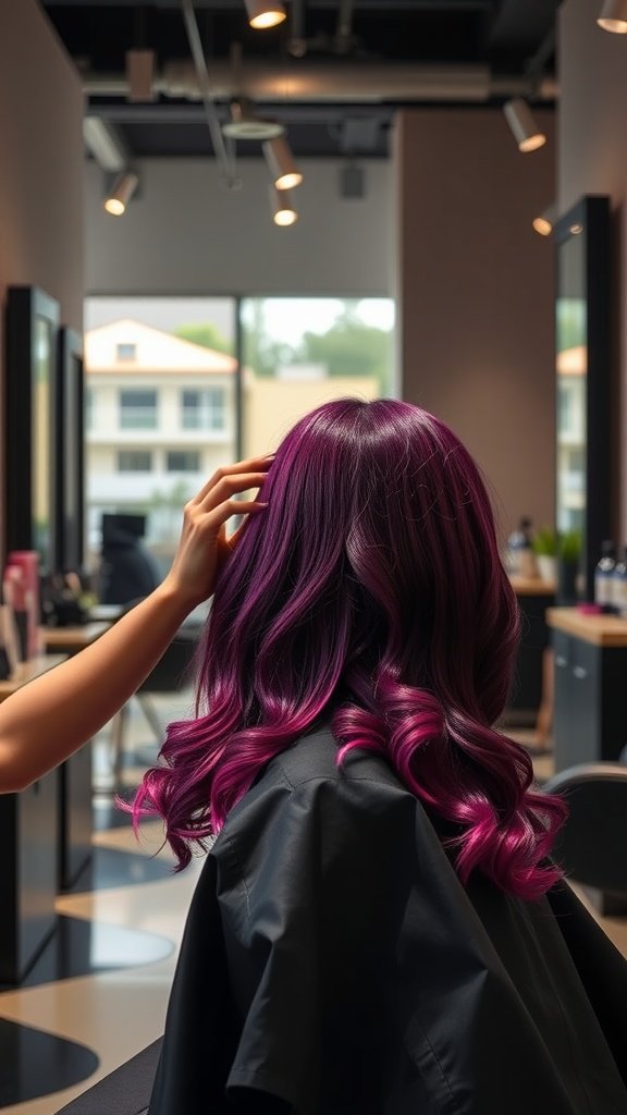 A close-up of a person with purple hair being styled at a salon.
