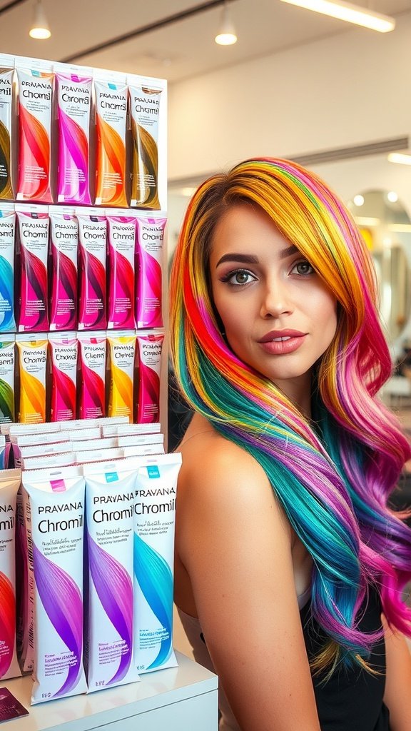 A woman with colorful hair stands in front of a display of Pravana Chromasilk hair dye products.