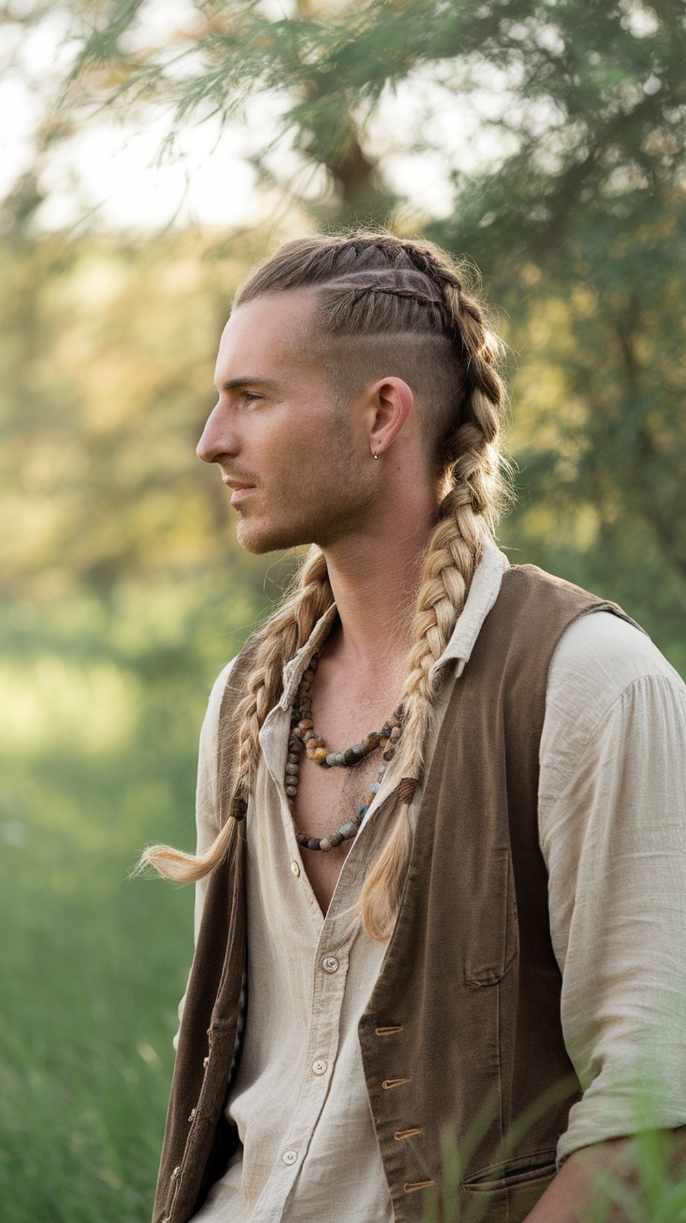 A man with a fishtail braid hairstyle, wearing a casual outfit, set against a natural background.