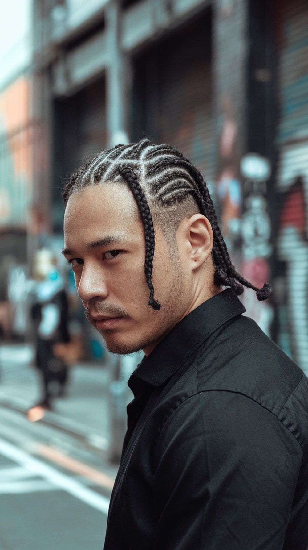 A man with stylish cornrow braids wearing a black shirt, looking confidently at the camera.