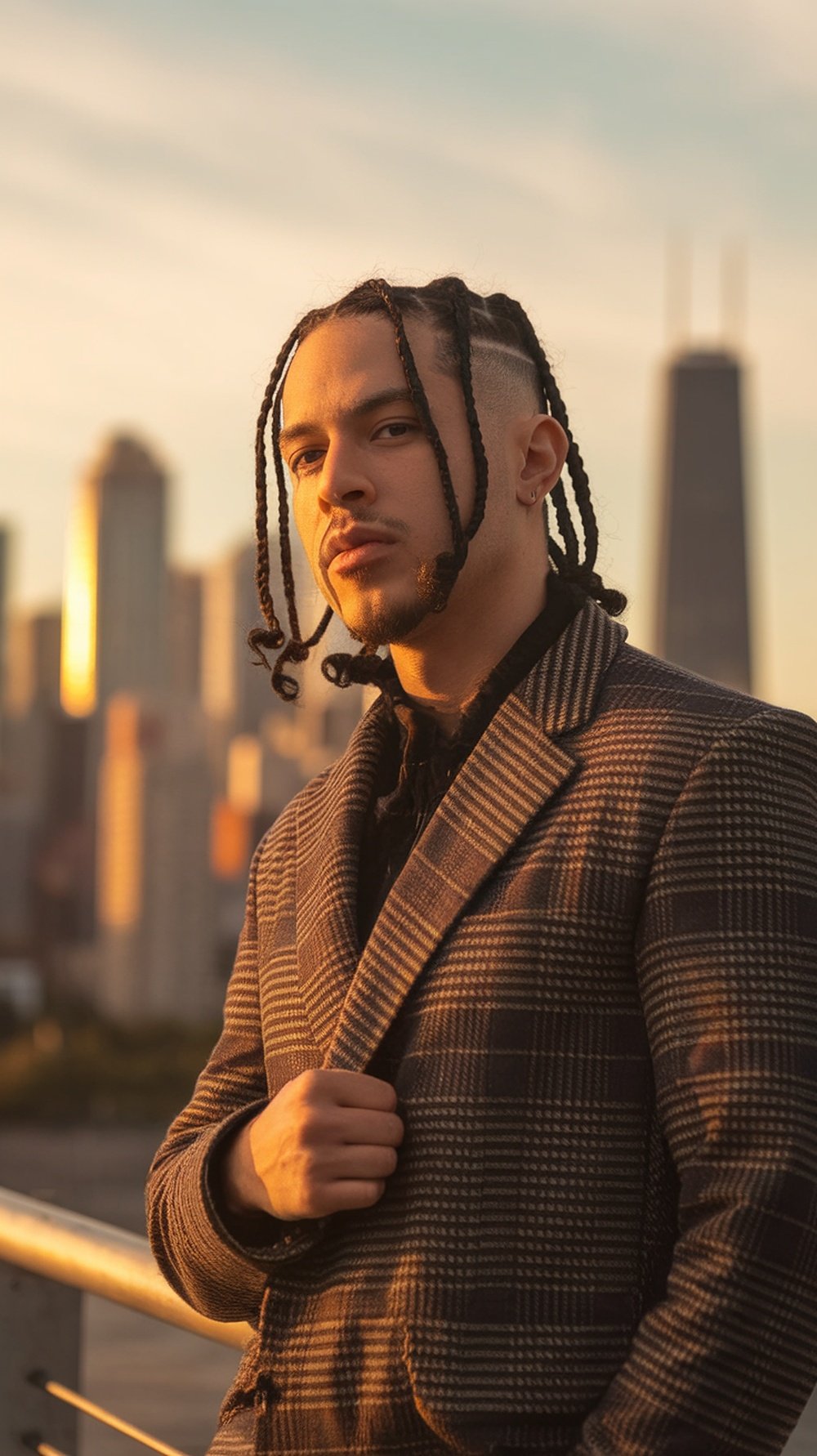 A man with box braids wearing a stylish jacket against a city skyline backdrop during sunset.