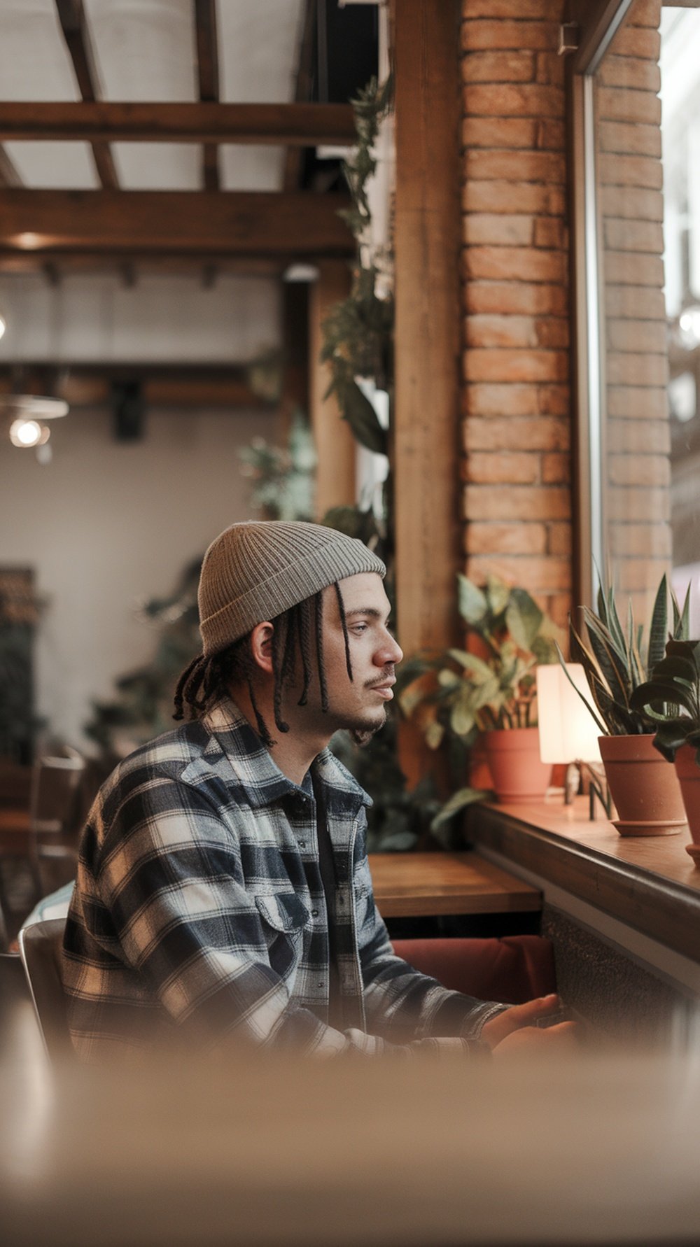 A man with half-up braids wearing a beanie and a plaid shirt, looking out the window in a cozy café.