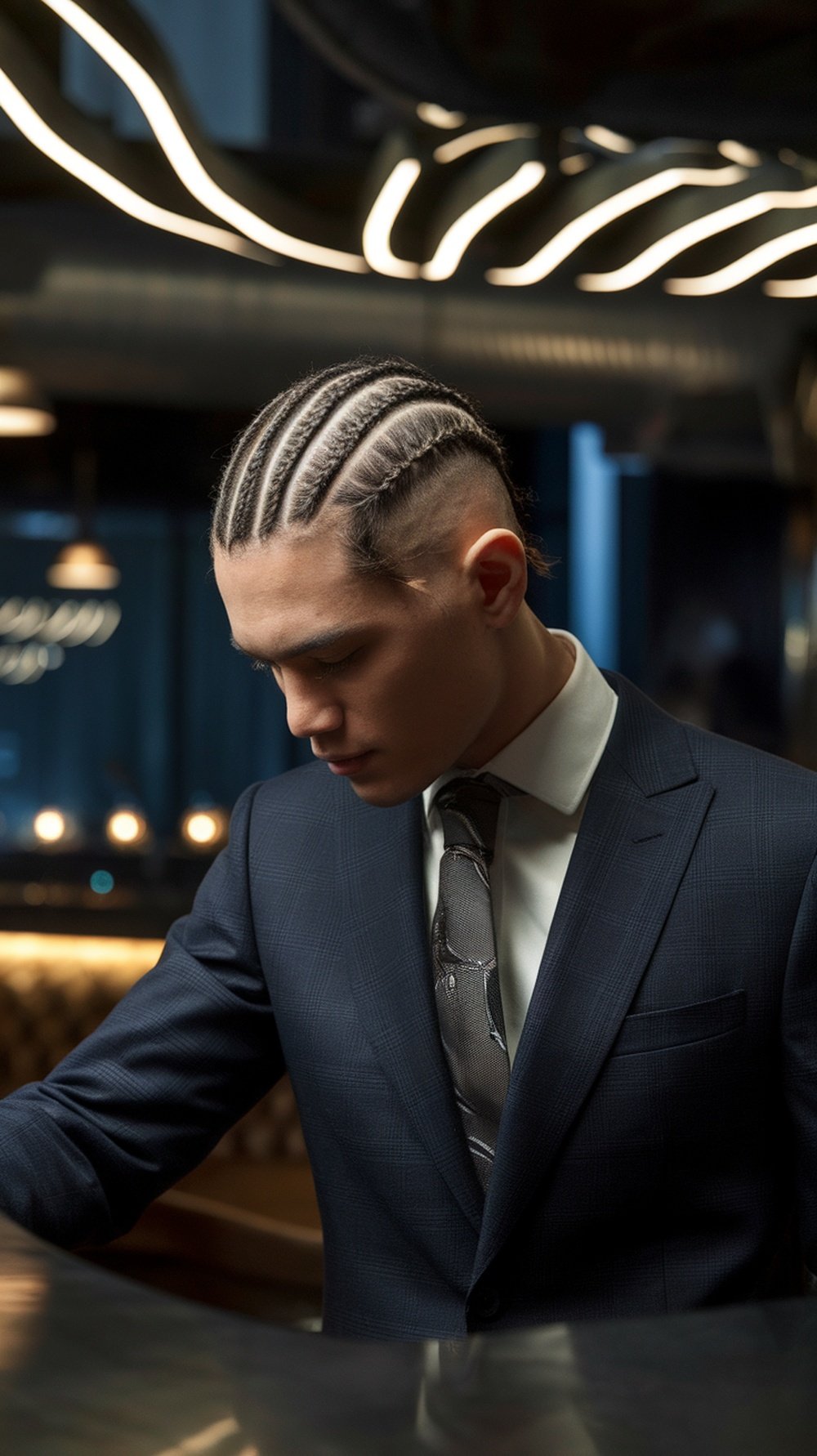 A man in a suit with cornrow braids, showcasing a modern and stylish look.
