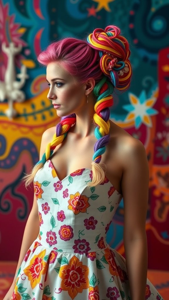 A bride with colorful, braided hair styled in vibrant shades of pink, blue, and rainbow, wearing a floral dress.