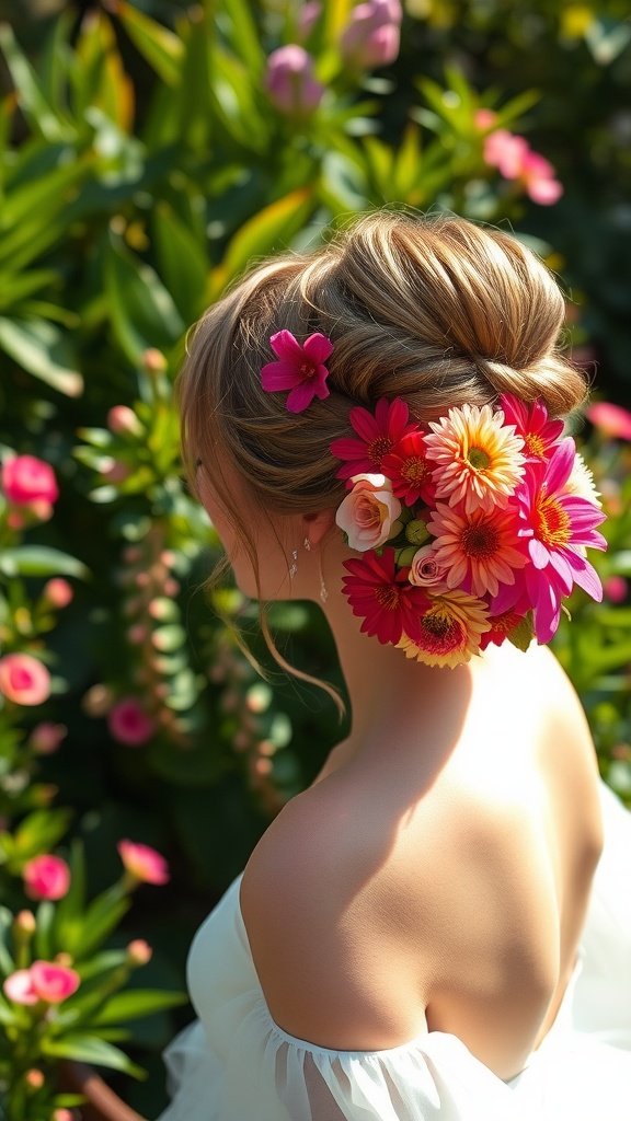 A woman with a beautiful updo hairstyle decorated with colorful flowers, surrounded by greenery.