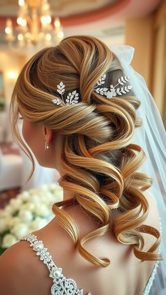 A close-up of a woman's elegantly styled hair with cascading curls and intricate leaf-shaped hair accessories.
